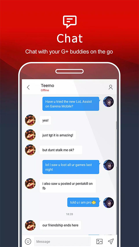 Garena App 的聊天界面，展示与好友的单聊会话